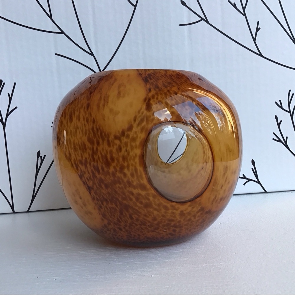 Round Hand Blown Glass Candle Bowl Vase with Clear Glass Windows 4 3/4 Inch Tall